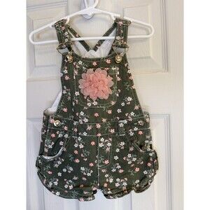 Baby Girl Floral Overall Shorts 18M – Green Pink Flower Print, EUC
